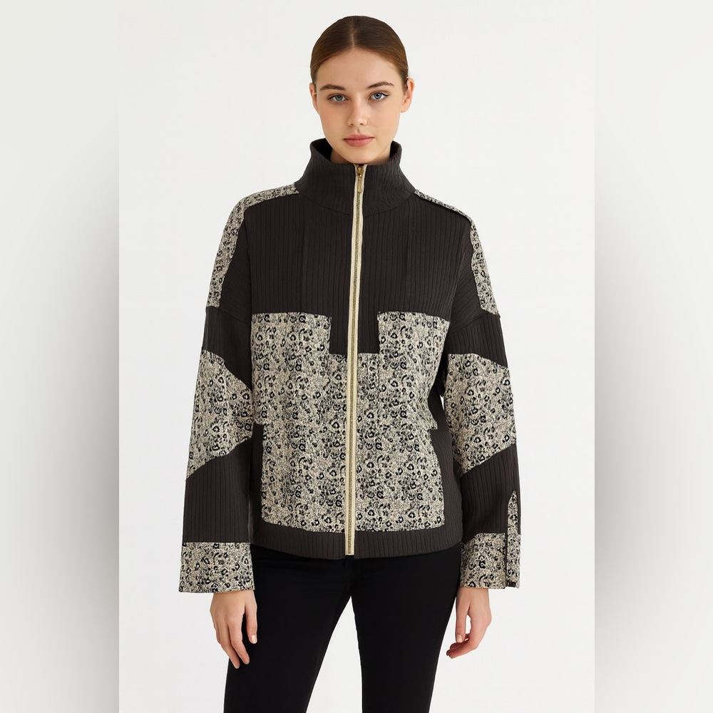 POL Patchwork Ribbed Jacket Vintage Style Mock Neck Boho Jacket